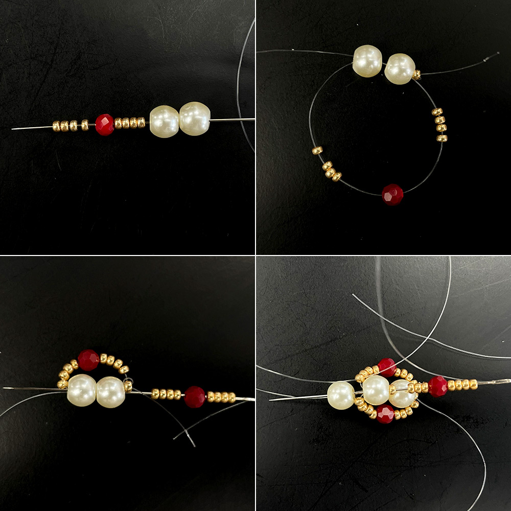 Красно-золотой браслет с жемчугом и стеклянными бусинами-3