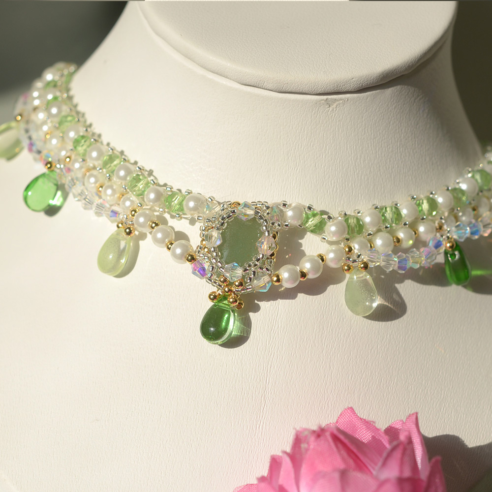Ожерелье из свежего зеленого драгоценного камня с жемчугом-6