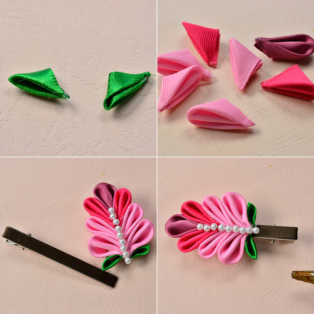 ピンクのリボンの花のヘアクリップ