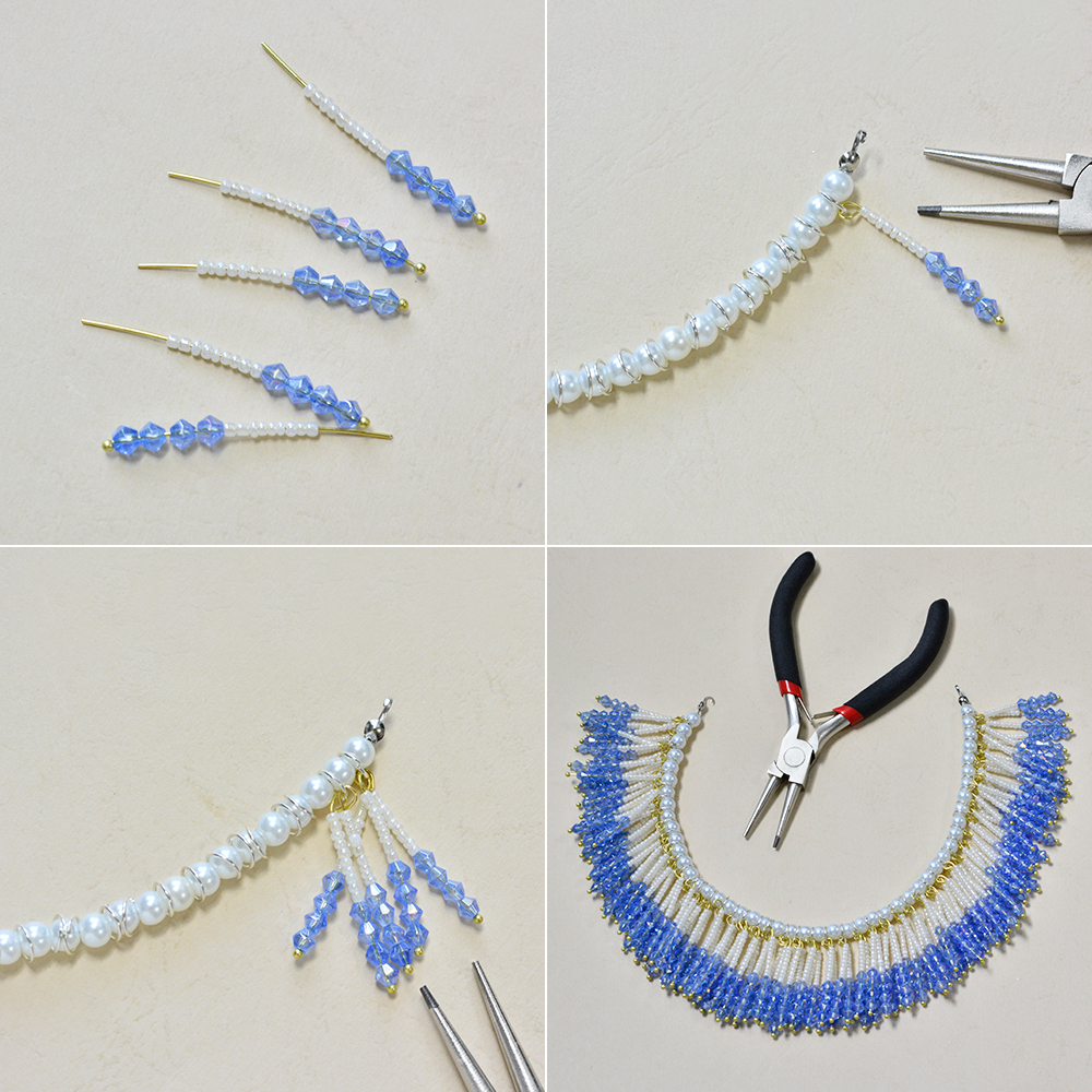 Blaue Quastenkette mit Goldketten und Perlen