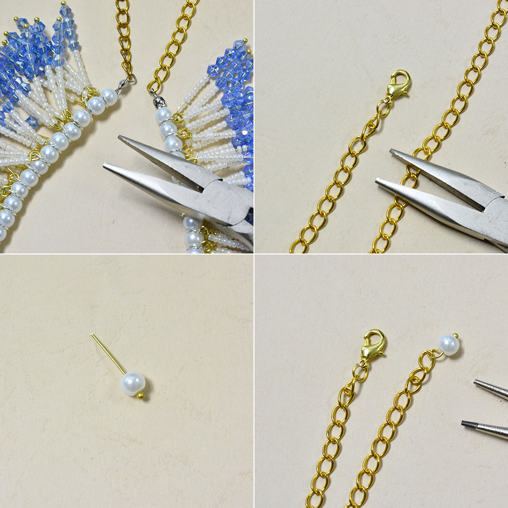 Blaue Quastenkette mit Goldketten und Perlen