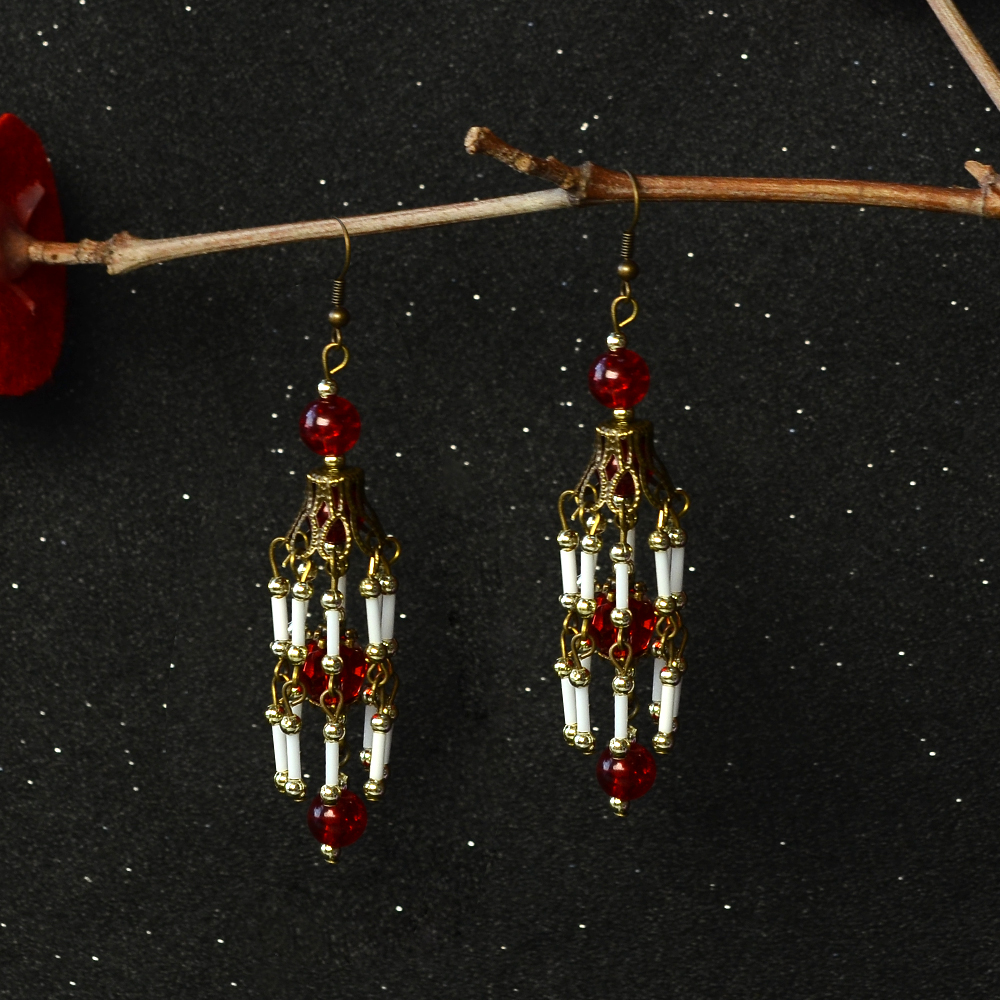 Серьги с подвесками в винтажном стиле, красные стеклянные бусины-5