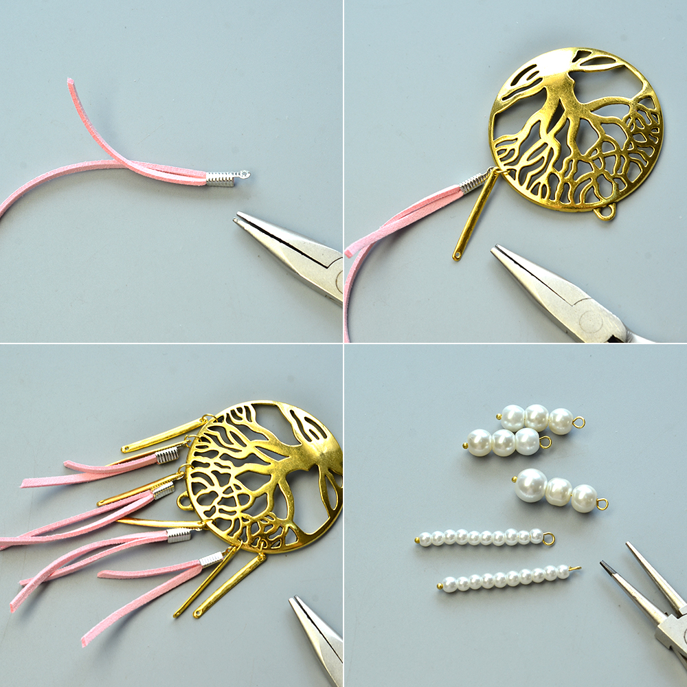 Ожерелье с подвесками из шнура из искусственной замши и жемчужных бусин-3