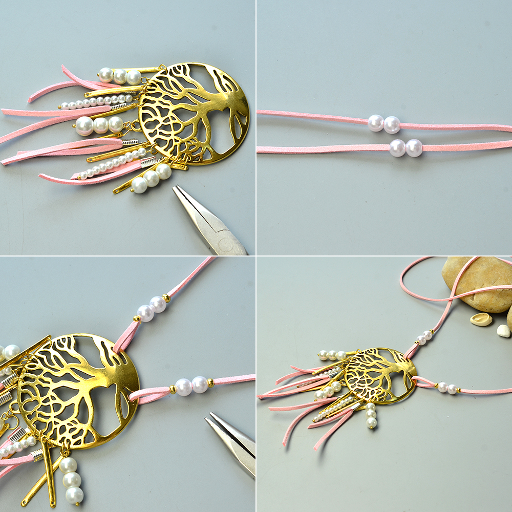 Ожерелье с подвесками из шнура из искусственной замши и жемчужных бусин-4