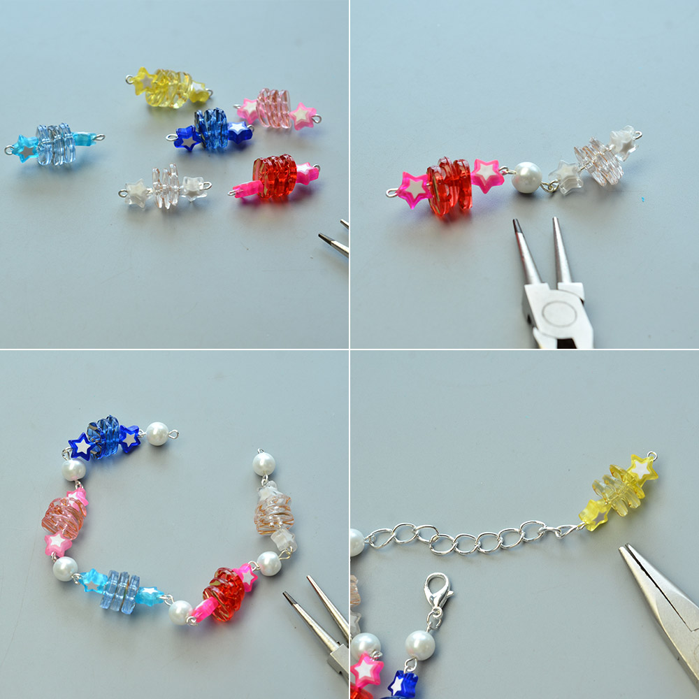 Браслет из акриловых бусин и пуговиц со звездами-3