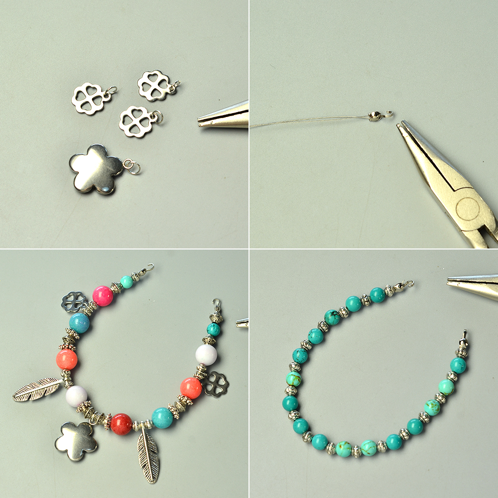 Браслет из двух нитей смешанных бусин с подвесками в тибетском стиле из перьев-3