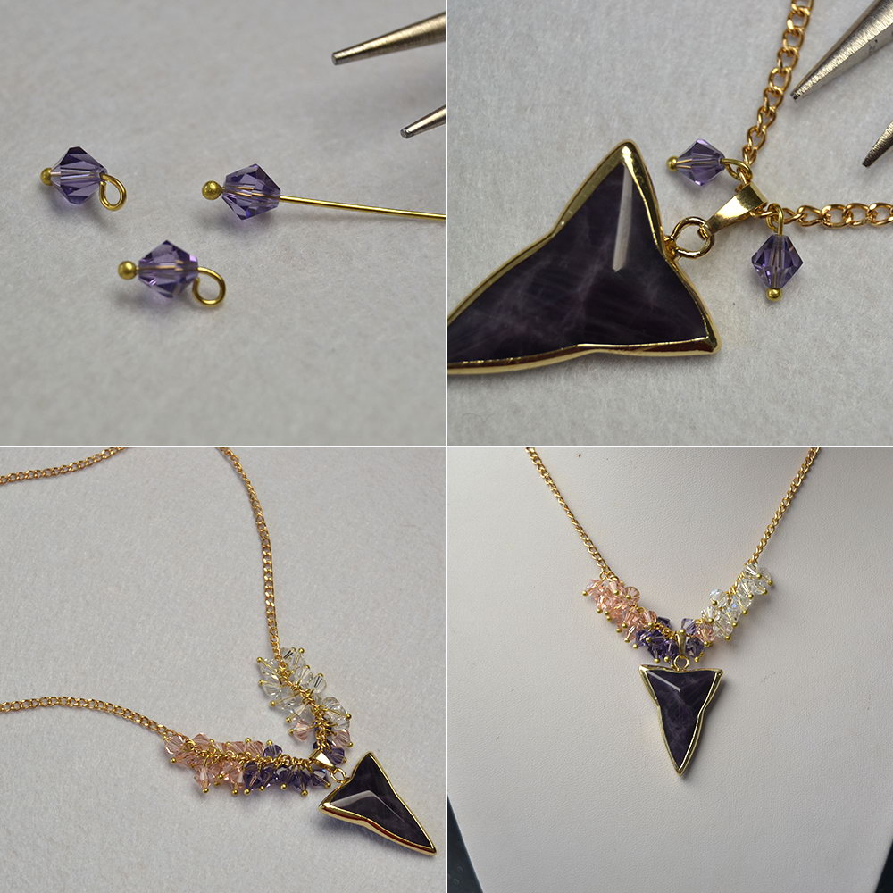 Ожерелье-кластер из хрустальных бусин с треугольными подвесками из аметиста-3