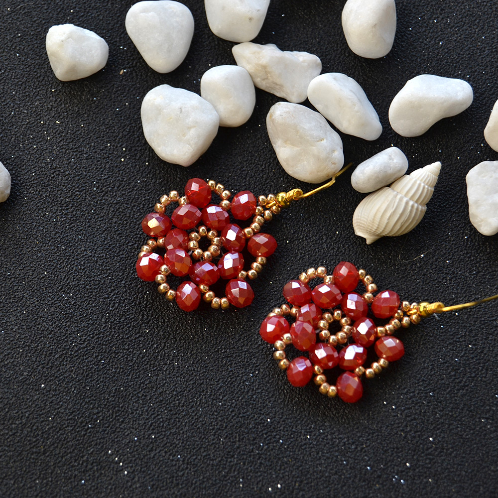 Гальванические стеклянные бусины, серьги с цветочной вышивкой-6