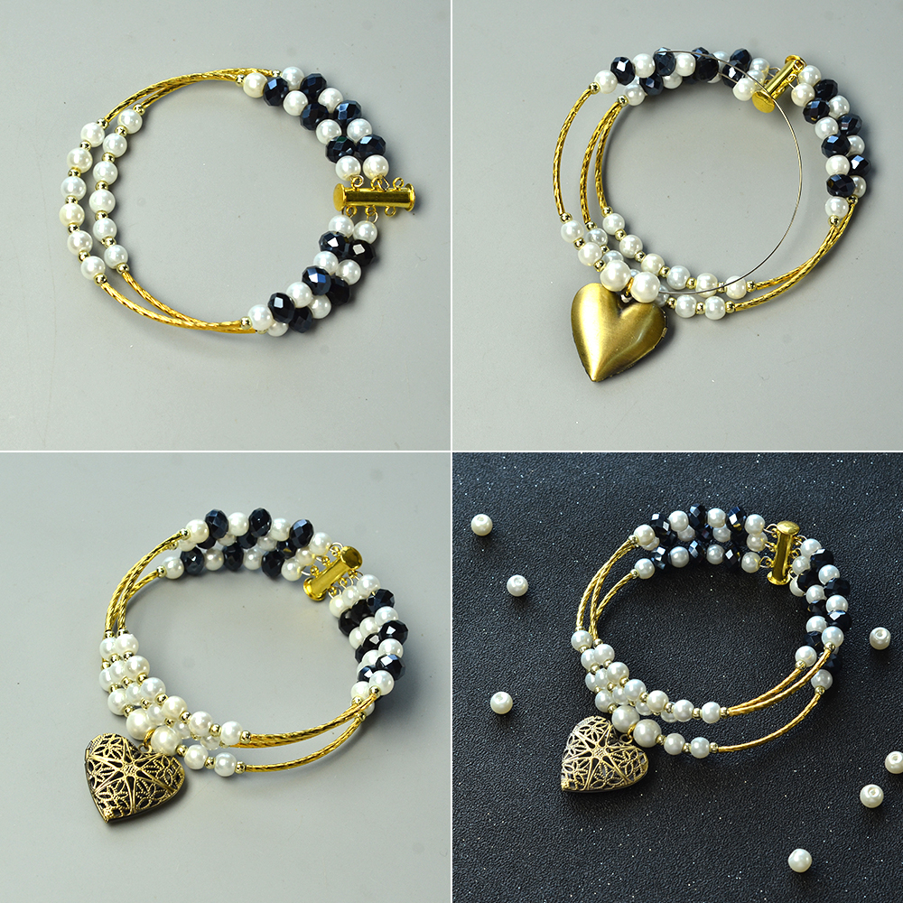 Браслет из трехниточных жемчужных бусин с полым медальоном в форме сердца-4