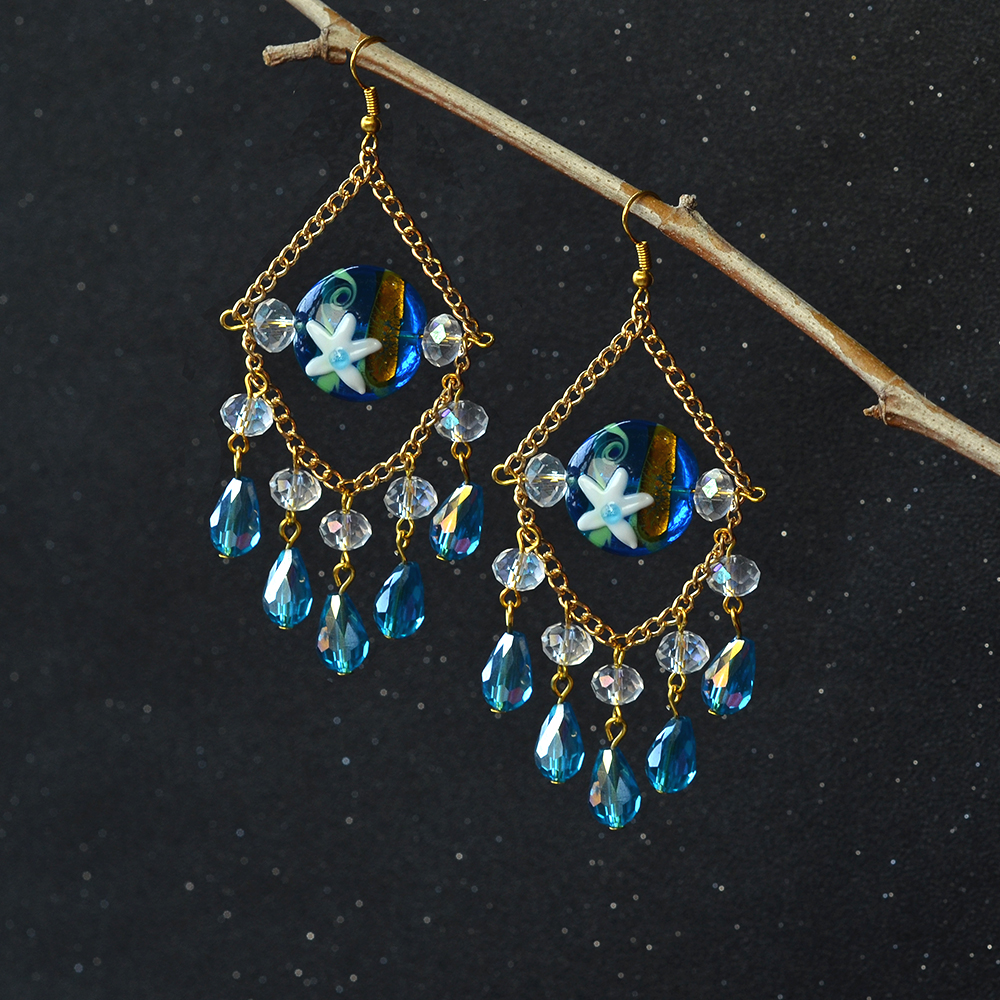 Гальванические серьги-люстры со стеклянными бусинами-1