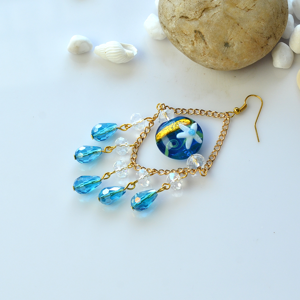 Гальванические серьги-люстры со стеклянными бусинами-5