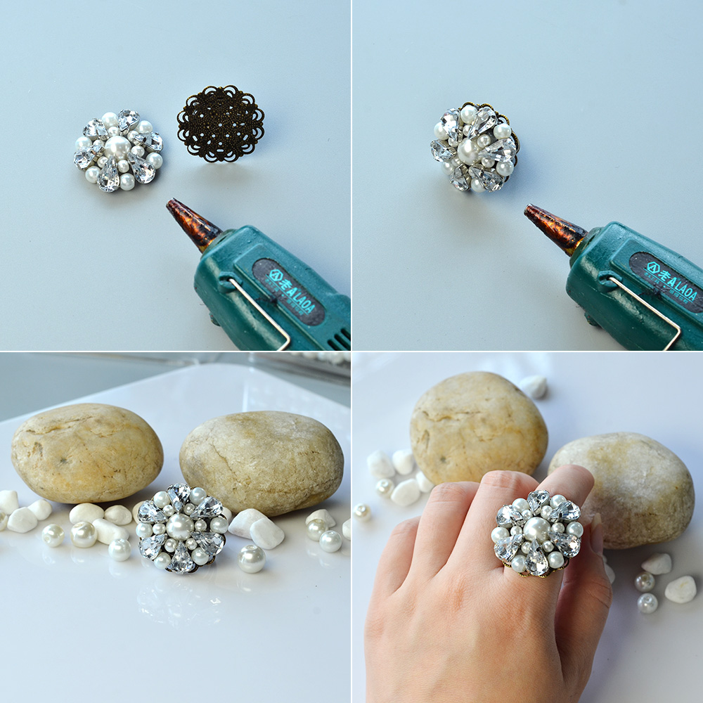 Кольцо из жемчужных бусин и бусин со стразами-4