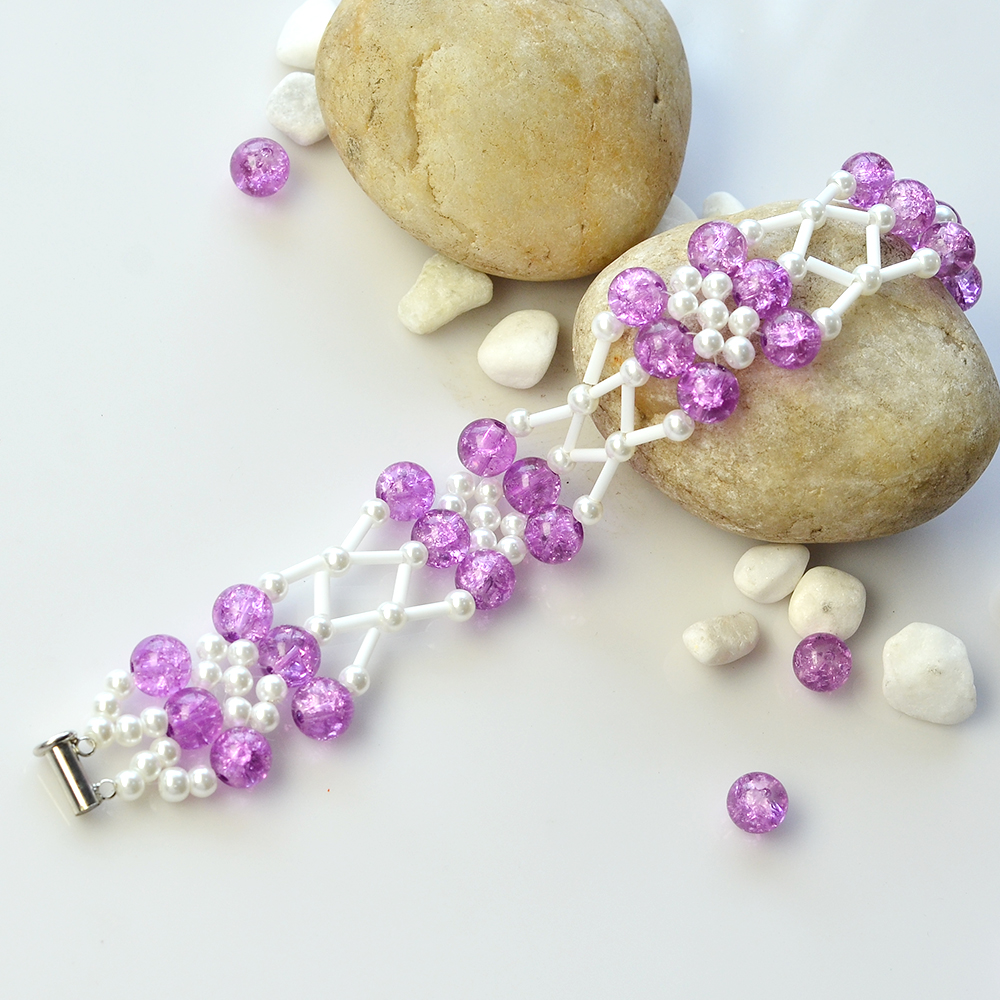 Широкий браслет с фиолетовым кракле и бисером-6