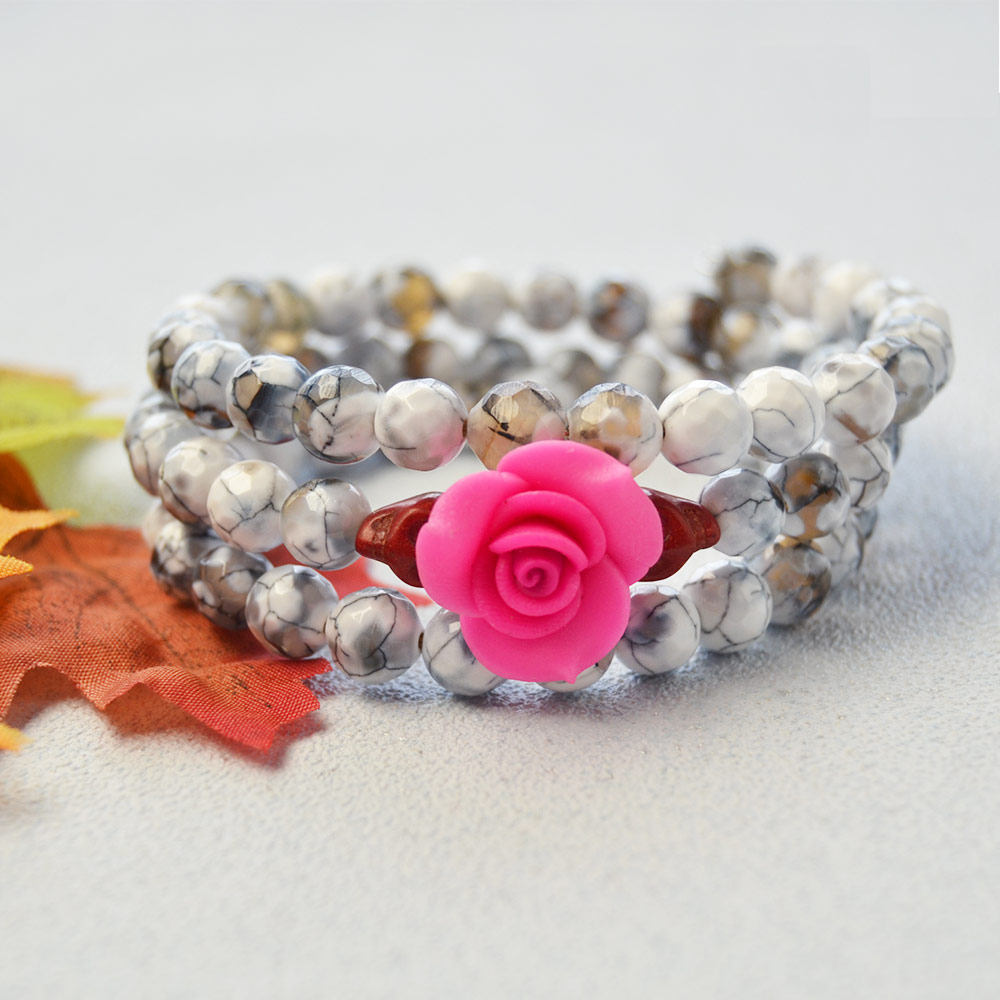 Хэллоуин браслет из белых агатовых бусин с бусинами в виде черепа-1