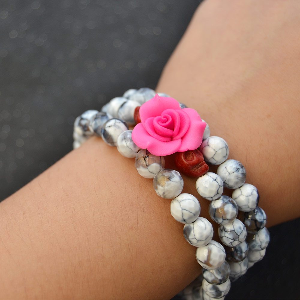 Хэллоуин браслет из белых агатовых бусин с бусинами в виде черепа-5