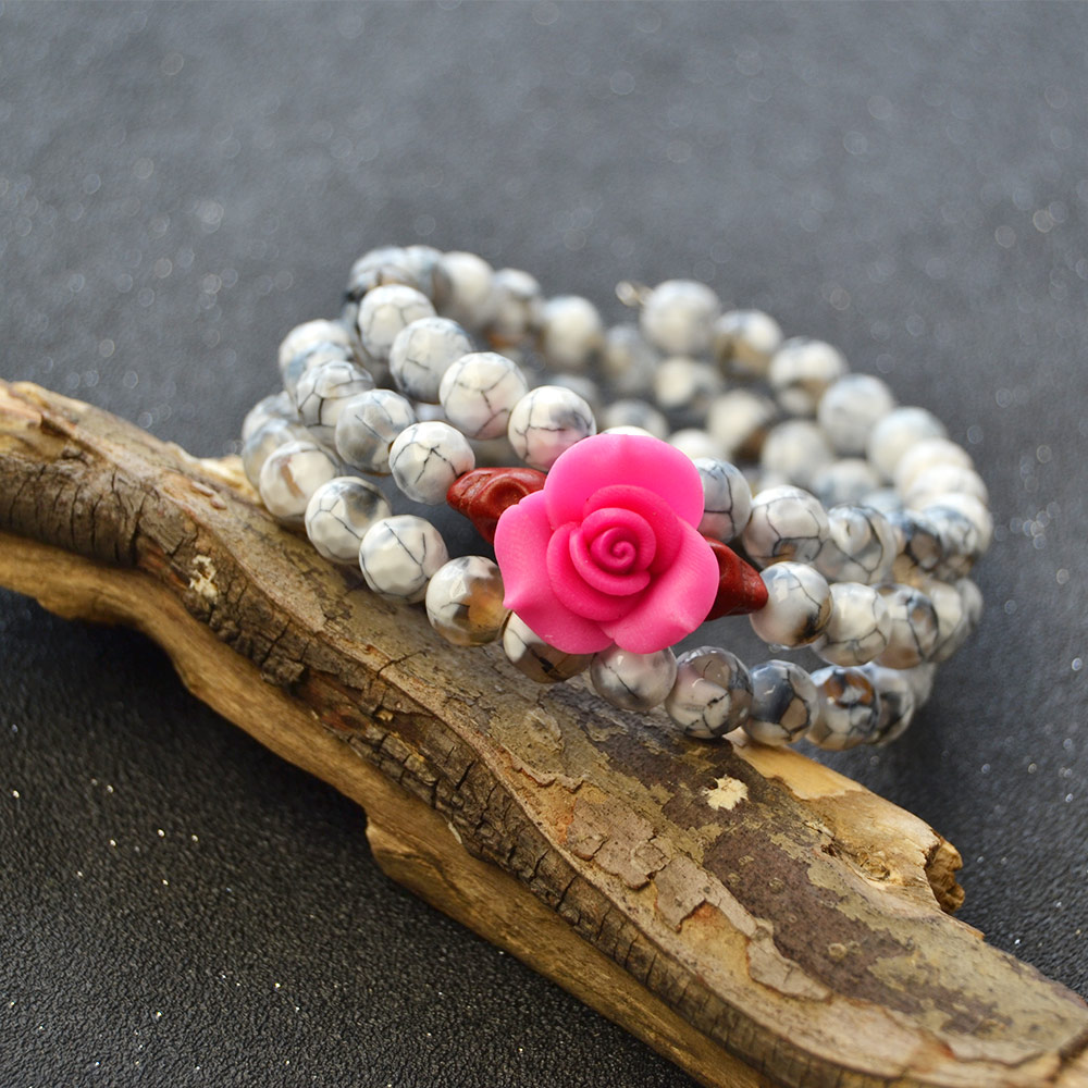 Хэллоуин браслет из белых агатовых бусин с бусинами в виде черепа-6