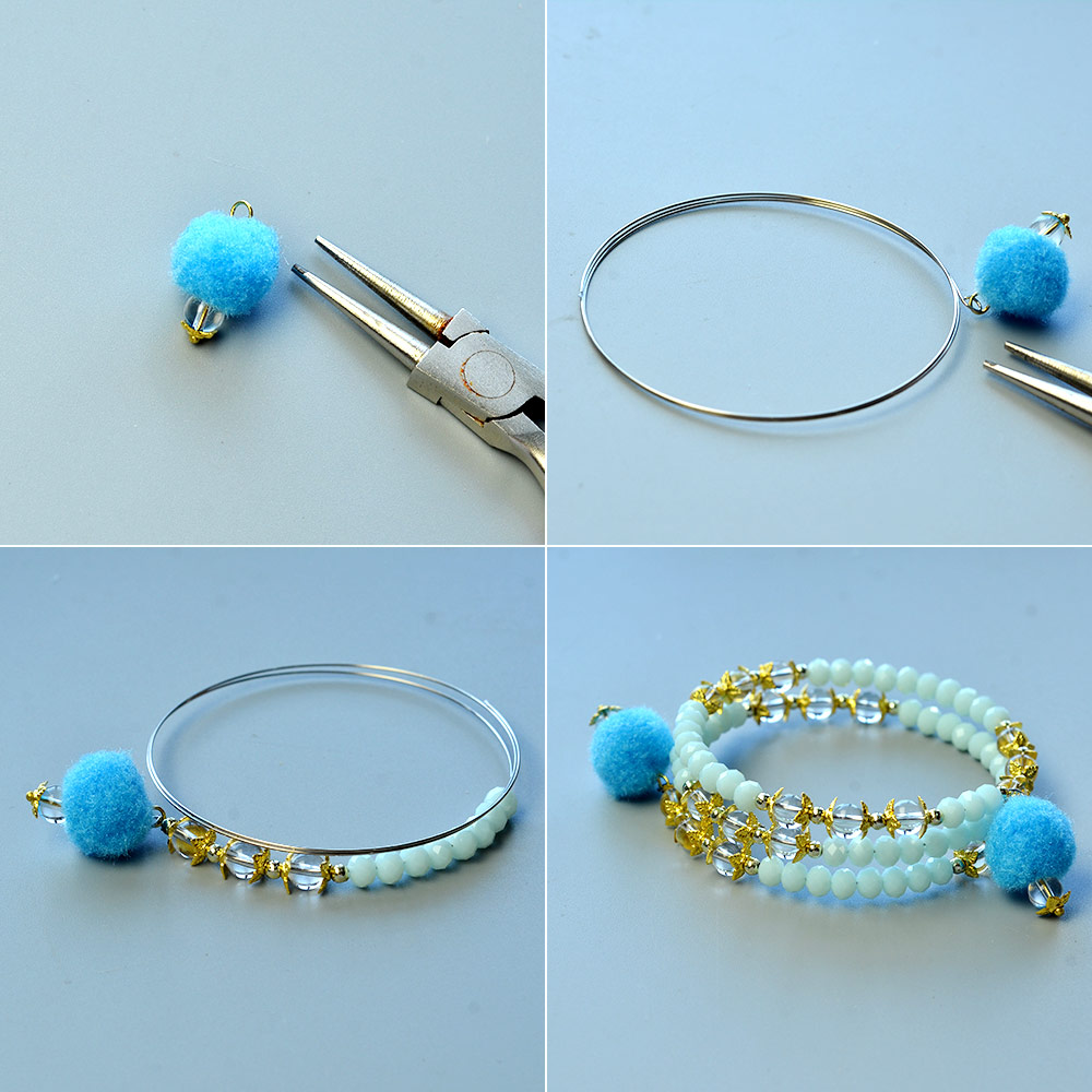 Браслет из бирюзовых стеклянных бусин с подвесками-помпонами-3