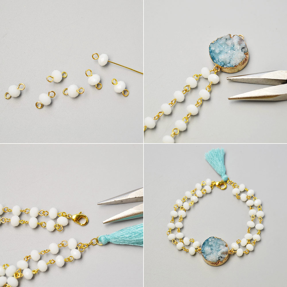 Браслет из белых стеклянных бусин с друзовым агатом-3