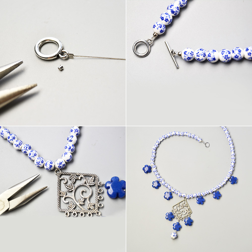 Колье из фарфоровых бусин с принтом и цветочными нефритовыми бусинами-4