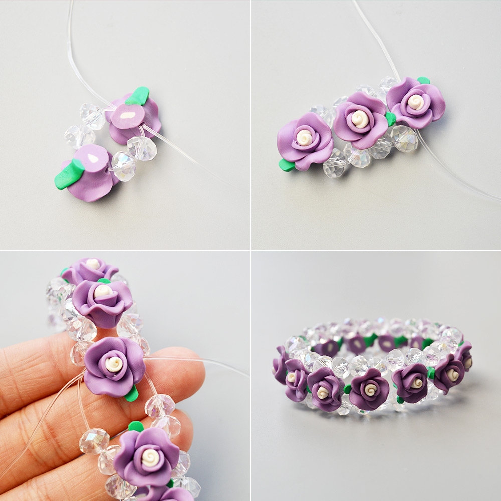 Браслет из полимерной глины с фиолетовыми цветами и хрустальными бусинами-3