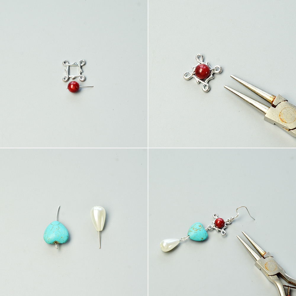 Серьги с подвесками в форме сердца из бирюзовых бусин-3