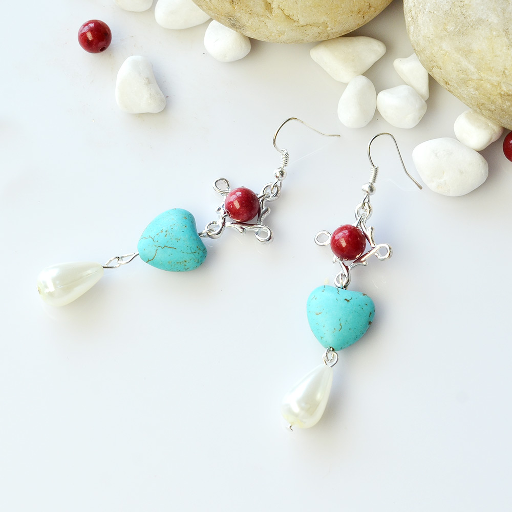 Серьги с подвесками в форме сердца из бирюзовых бусин-4