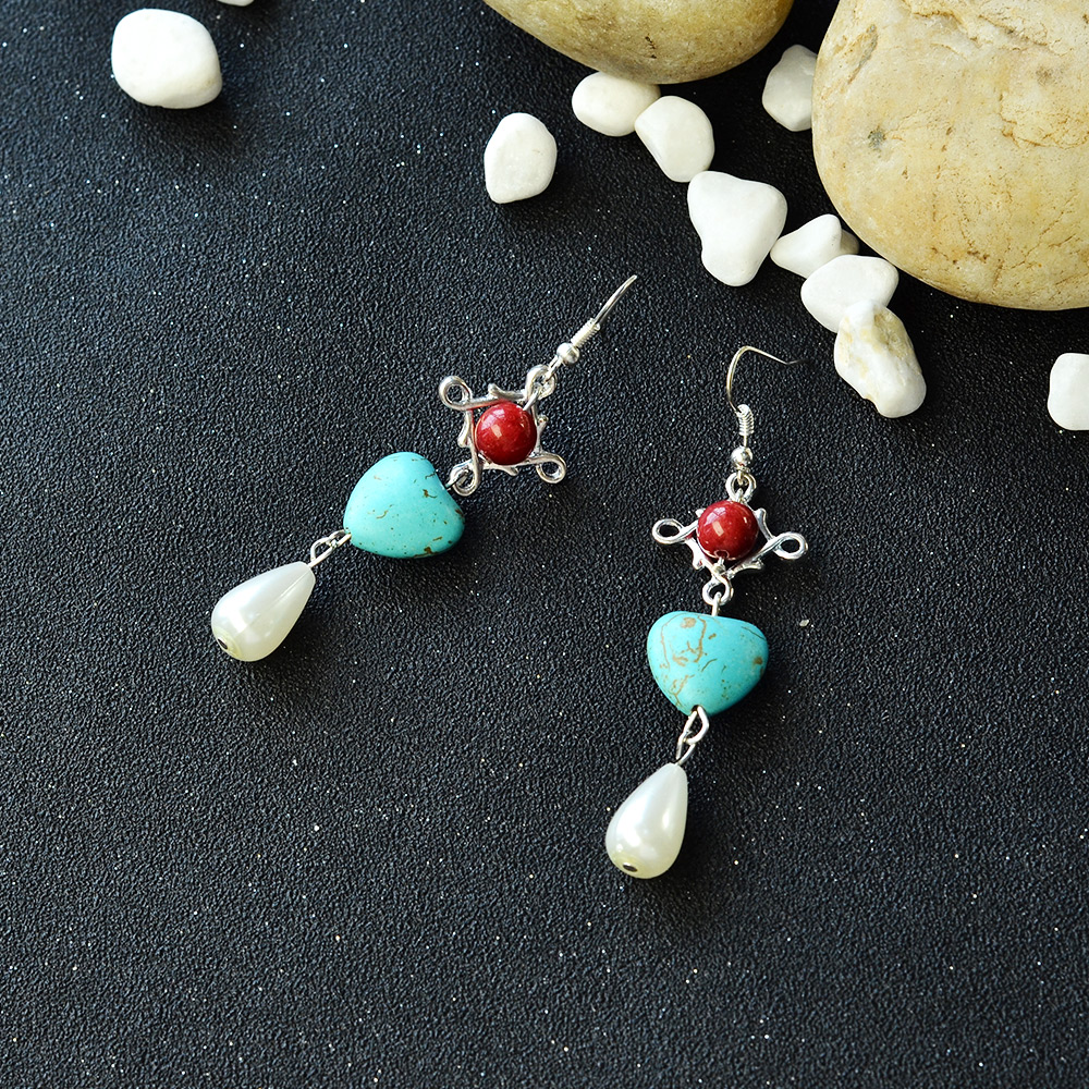 Серьги с подвесками в форме сердца из бирюзовых бусин-5