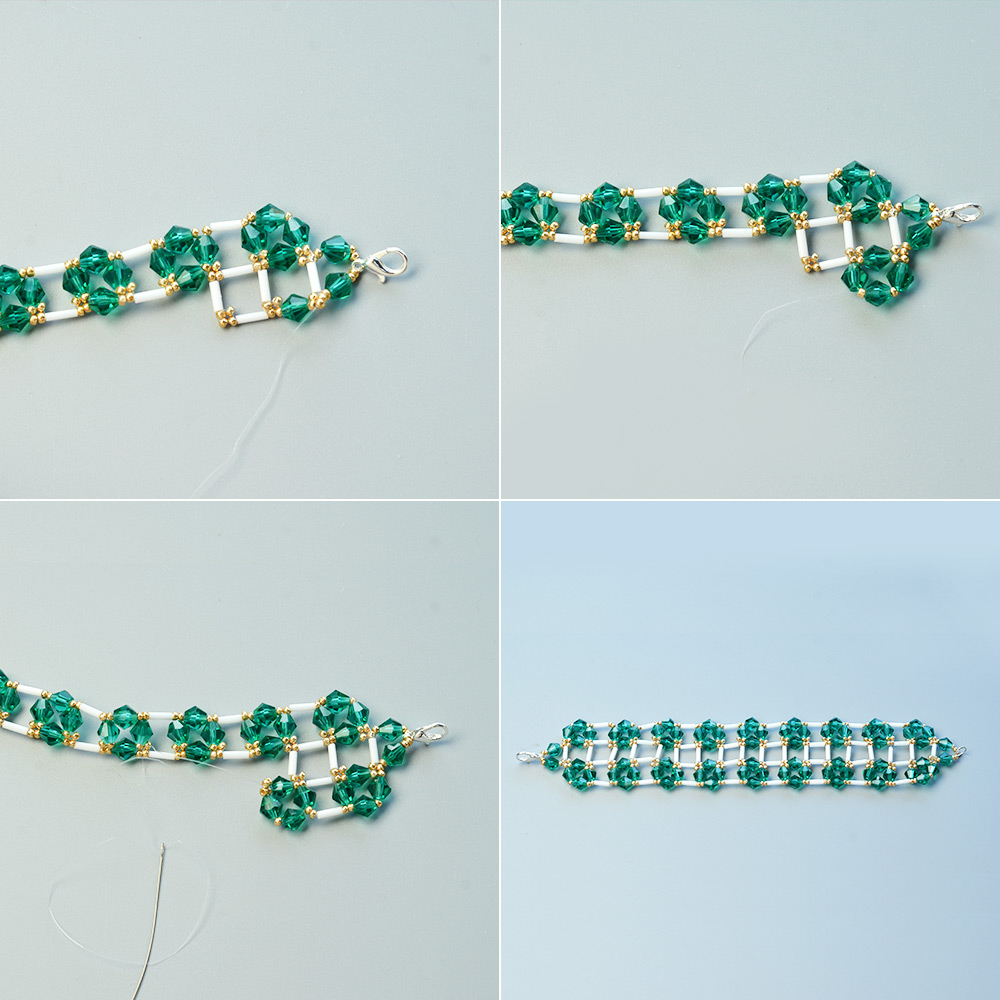 Широкий браслет из белых стеклянных бусин и зеленых двухконусных стеклянных бусин-5