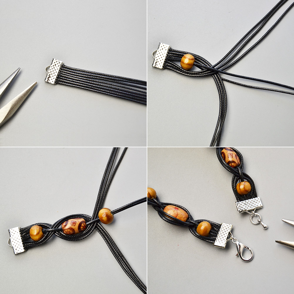 Geflochtenes Armband aus gewachsten Polyesterschnüren mit Holzperlen