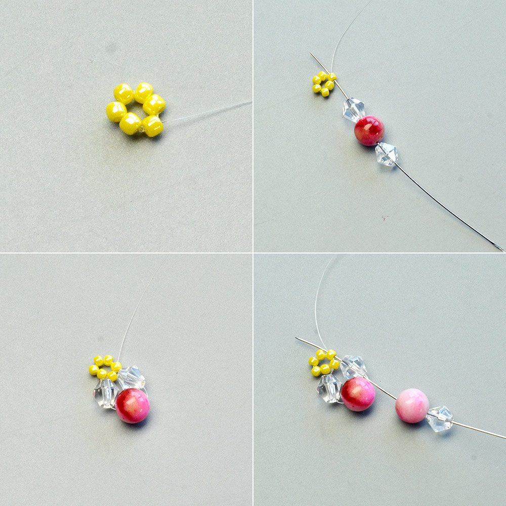 Розовый цветочный браслет с разноцветными бусинами-3