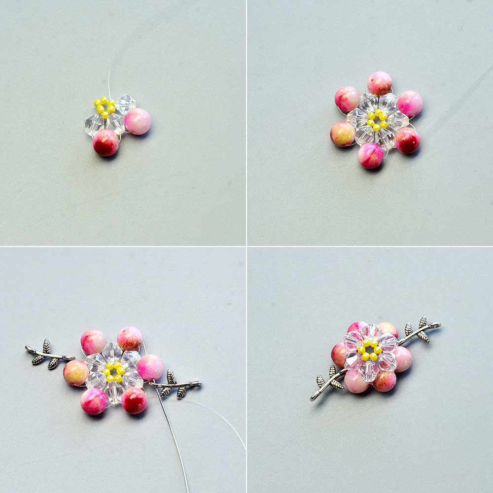 Розовый цветочный браслет с разноцветными бусинами-4