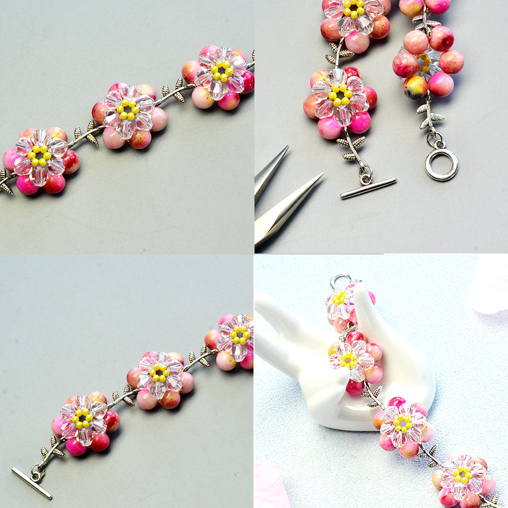 Розовый цветочный браслет с разноцветными бусинами-5