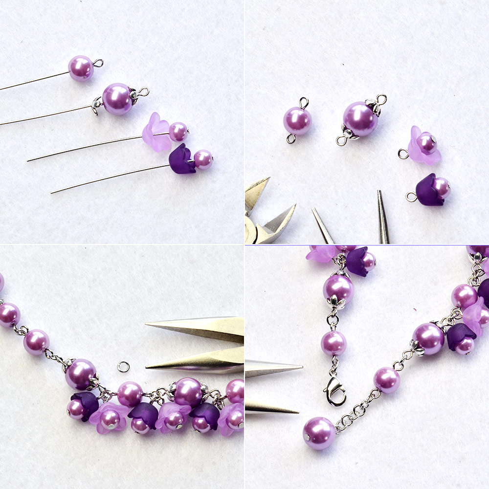 Браслет с фиолетовым цветком и жемчужными бусинами-3