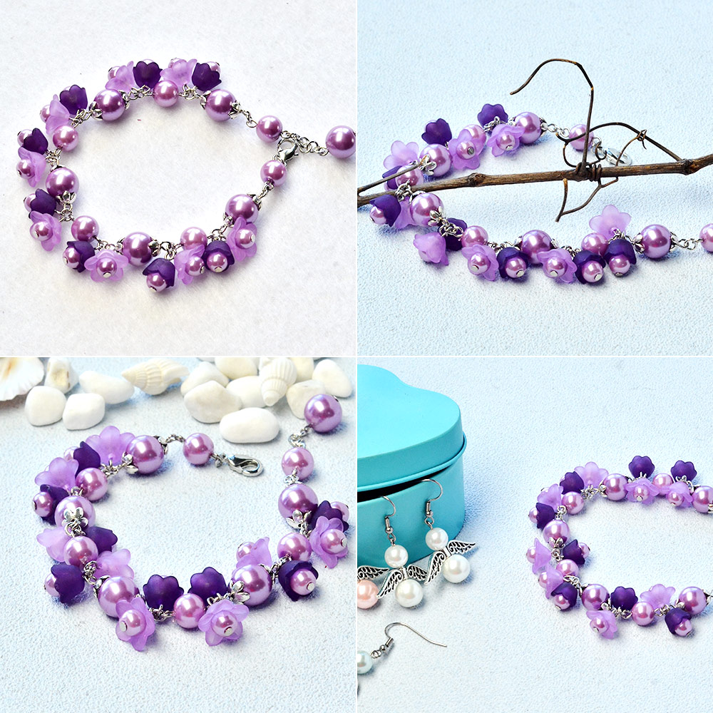 Браслет с фиолетовым цветком и жемчужными бусинами-4