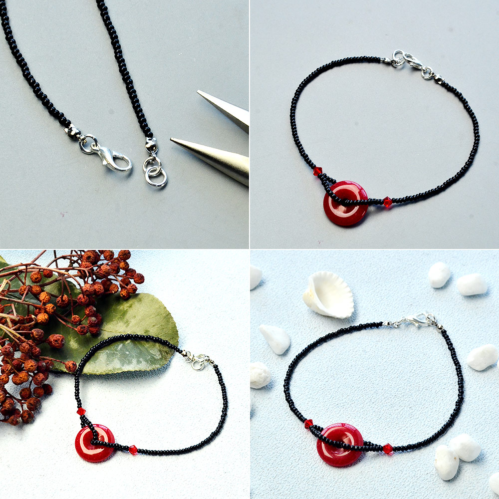 Friedensschnallenarmband mit schwarzen Saatperlen