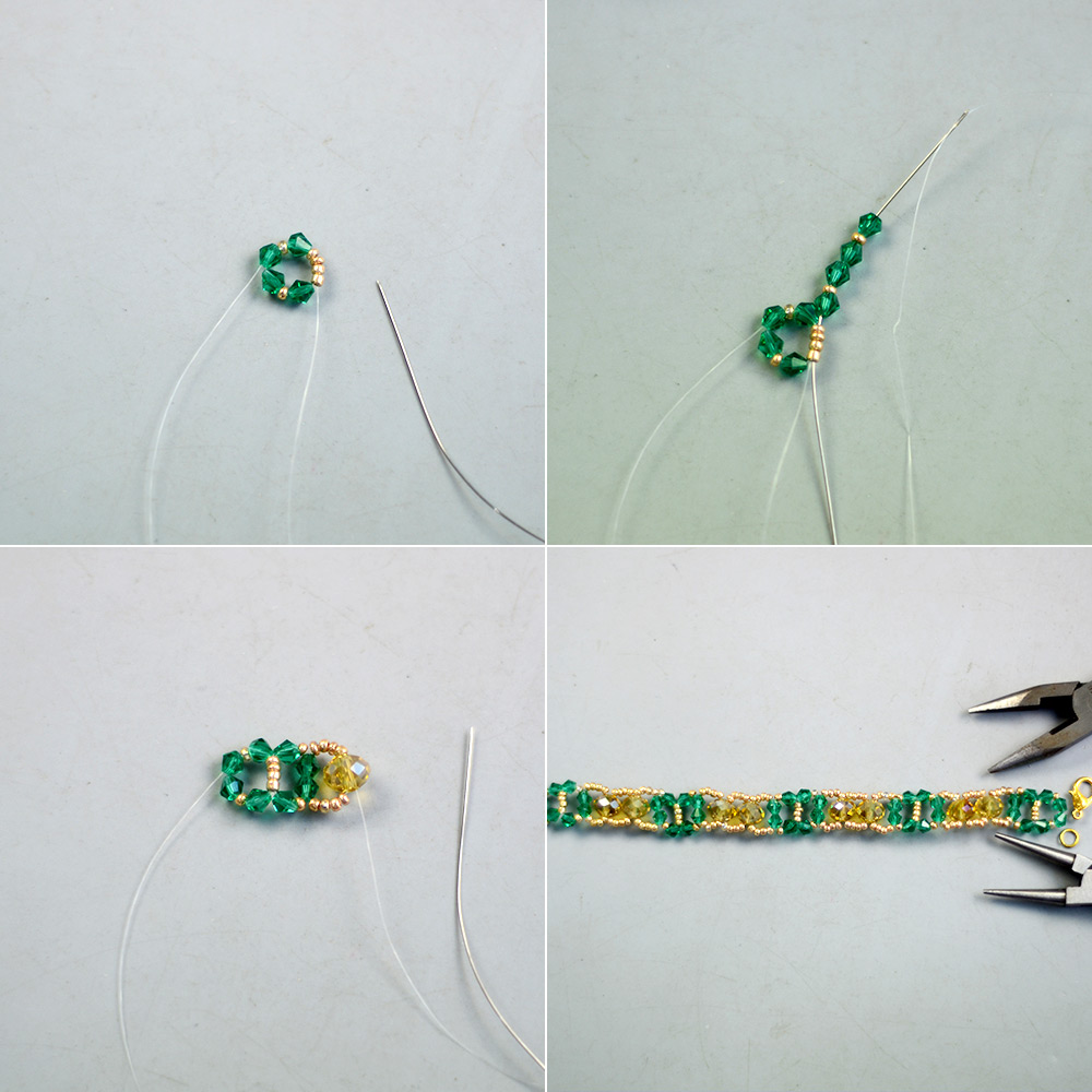 Браслет из желтых и зеленых гальванических стеклянных бусин-3