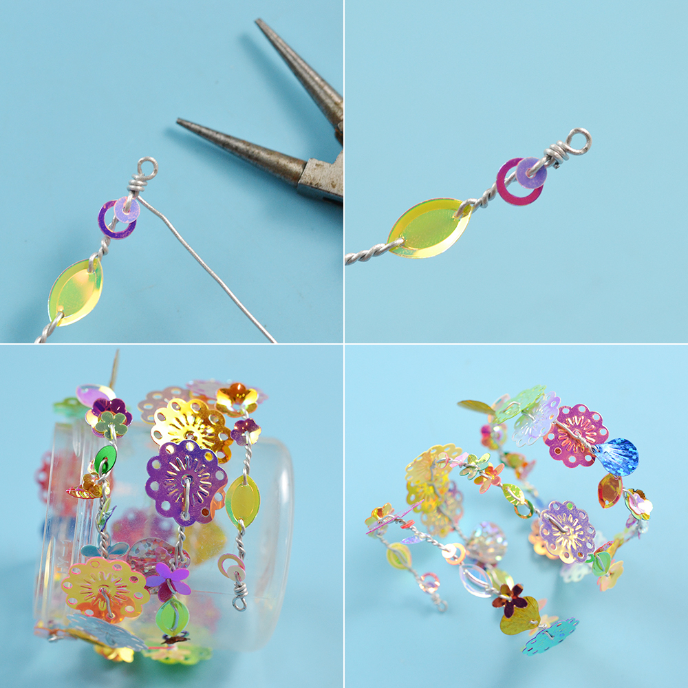 Браслет из проволоки с эффектом памяти и пайетками-5