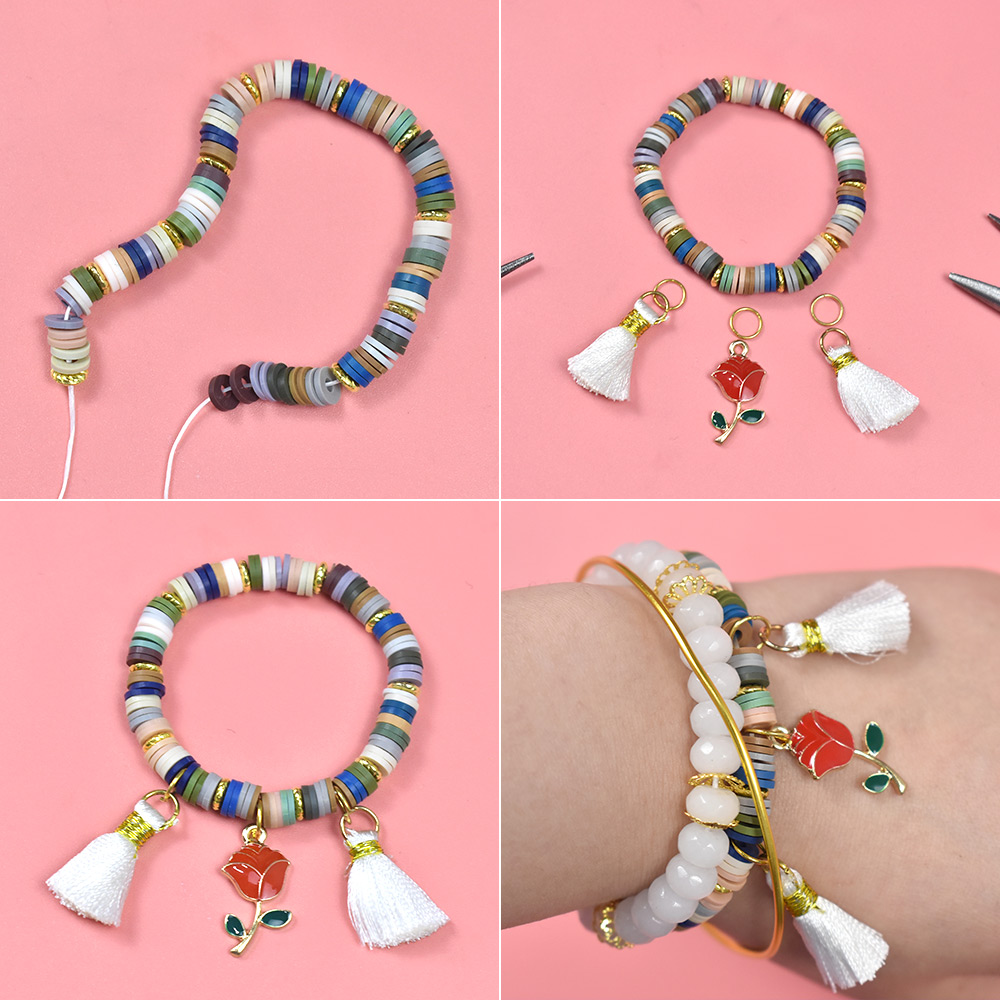 Мульти-браслет из глиняных бусин с подвесками-4