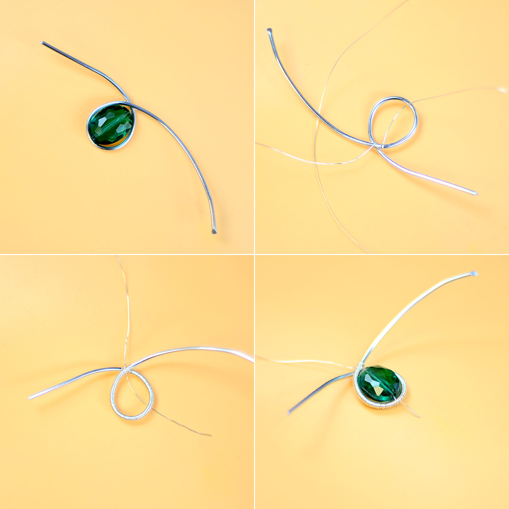 Колье с кулоном из зеленой бусы, обвитой проволокой