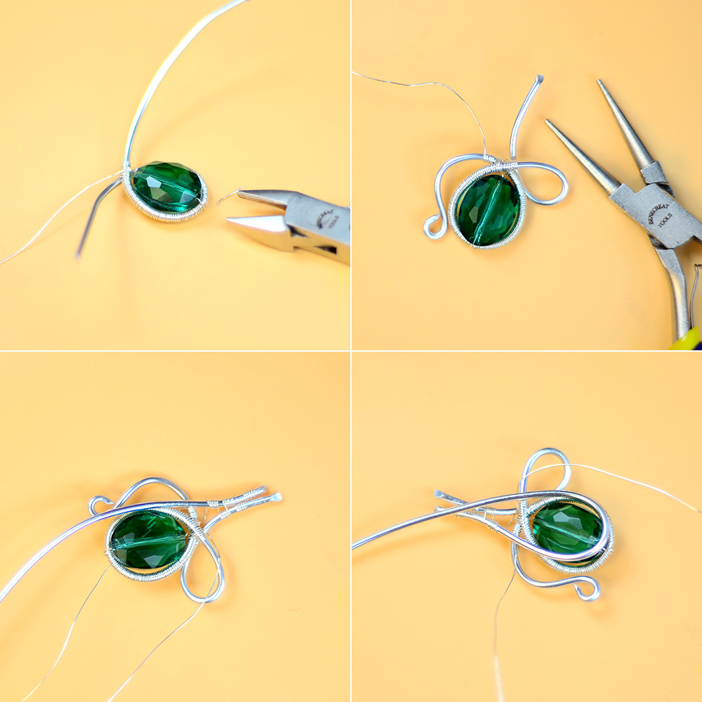 Колье с кулоном из зеленой бусы, обвитой проволокой