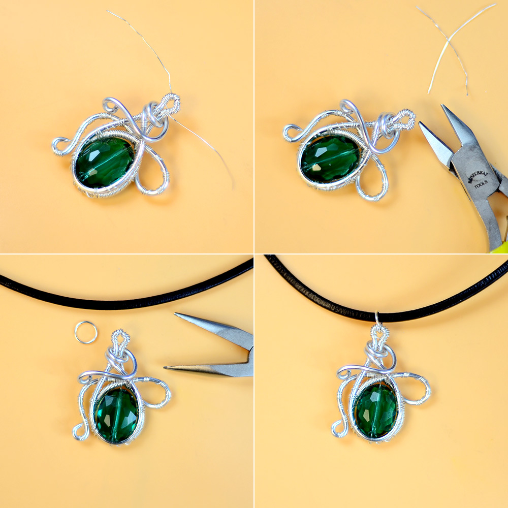 Колье с кулоном из зеленой бусы, обвитой проволокой