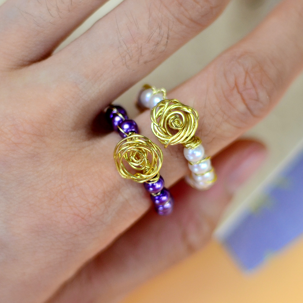 Кольца с жемчугом в форме цветка, обернутые проволокой-7