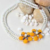 Double Strand Pearl Necklace with Orange Flowers