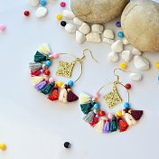 Boucles d'oreilles pendantes pompon en coton avec perles acryliques opaques