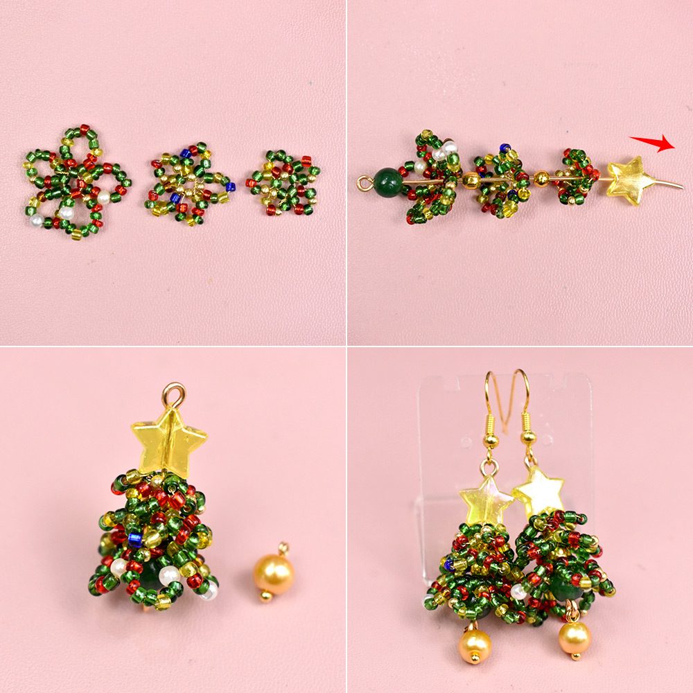 Weihnachtsbaum-Ohrringe aus Saatperlen-Perlen