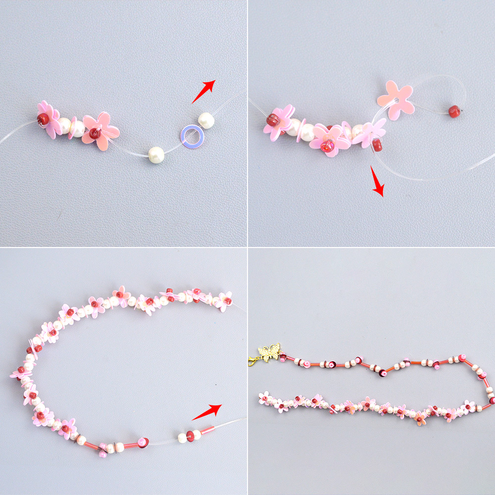 Весенний стиль розовый браслет из бисера с пайетками-3