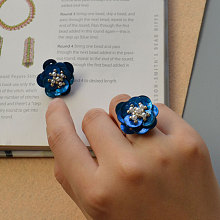 Handmade Blue Button Flower Rings with Pearls and Seed Beads