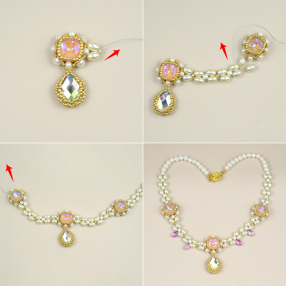 Ожерелье из розового жемчуга с инкрустацией стразами-6