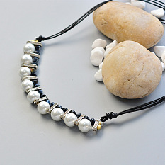 Pearl and Glass Beaded Leather Cord Necklace