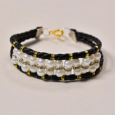 Black Leather Cord and White Pearl Bracelet